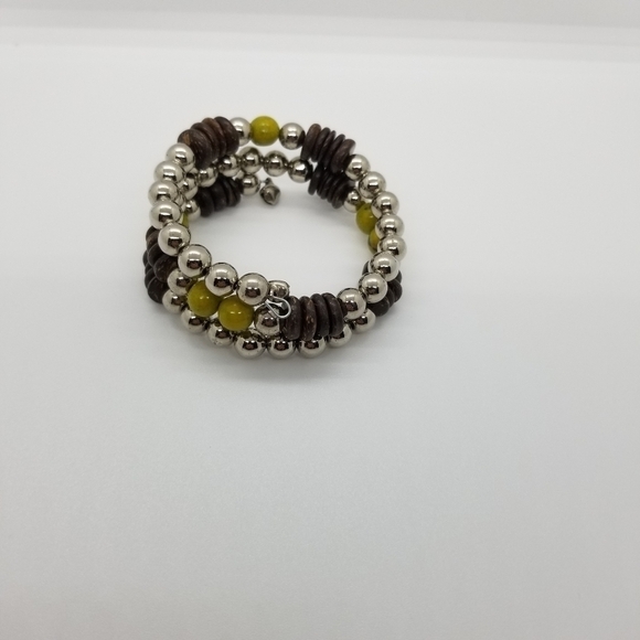 beaded coil wrap bracelet silver brown yellow-green - Picture 6 of 7